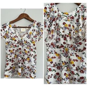 Maeve Floral V-neck Short Sleeve Tee - White, Red, Yellow